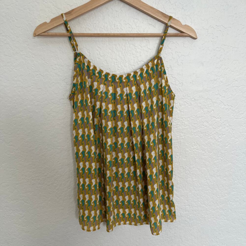 CAbi Seahorse Print Flowy Tank Top Size Small Mustard Teal